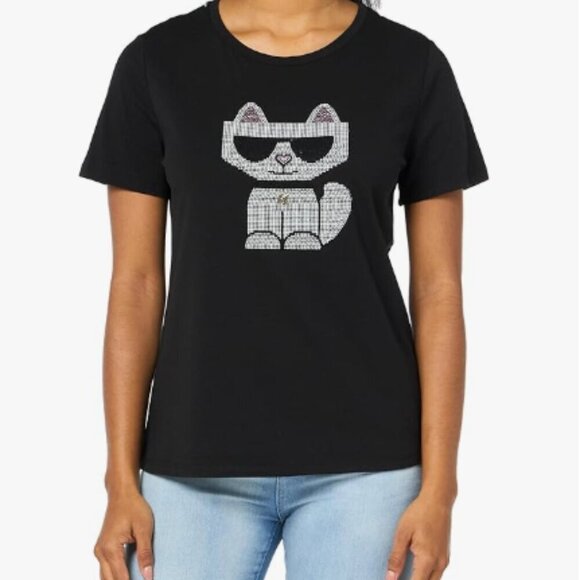 NWT! NEW! Karl Lagerfeld Paris Hotfix Choupette Embellished Cat Women T-Shirt - Picture 1 of 15